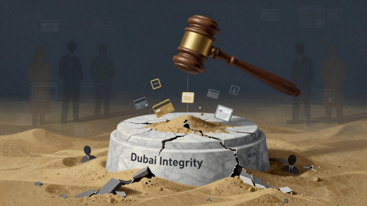 A cracked &#039;Dubai Integrity&#039; pedestal sinks into digital icons, with a gavel suspended by a fragile thread of light.