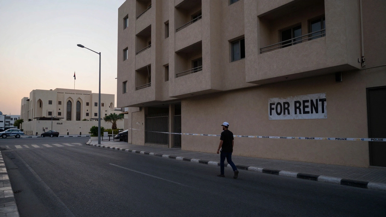 An empty Dubai street at dawn with police tape on a building, symbolizing legal risks.