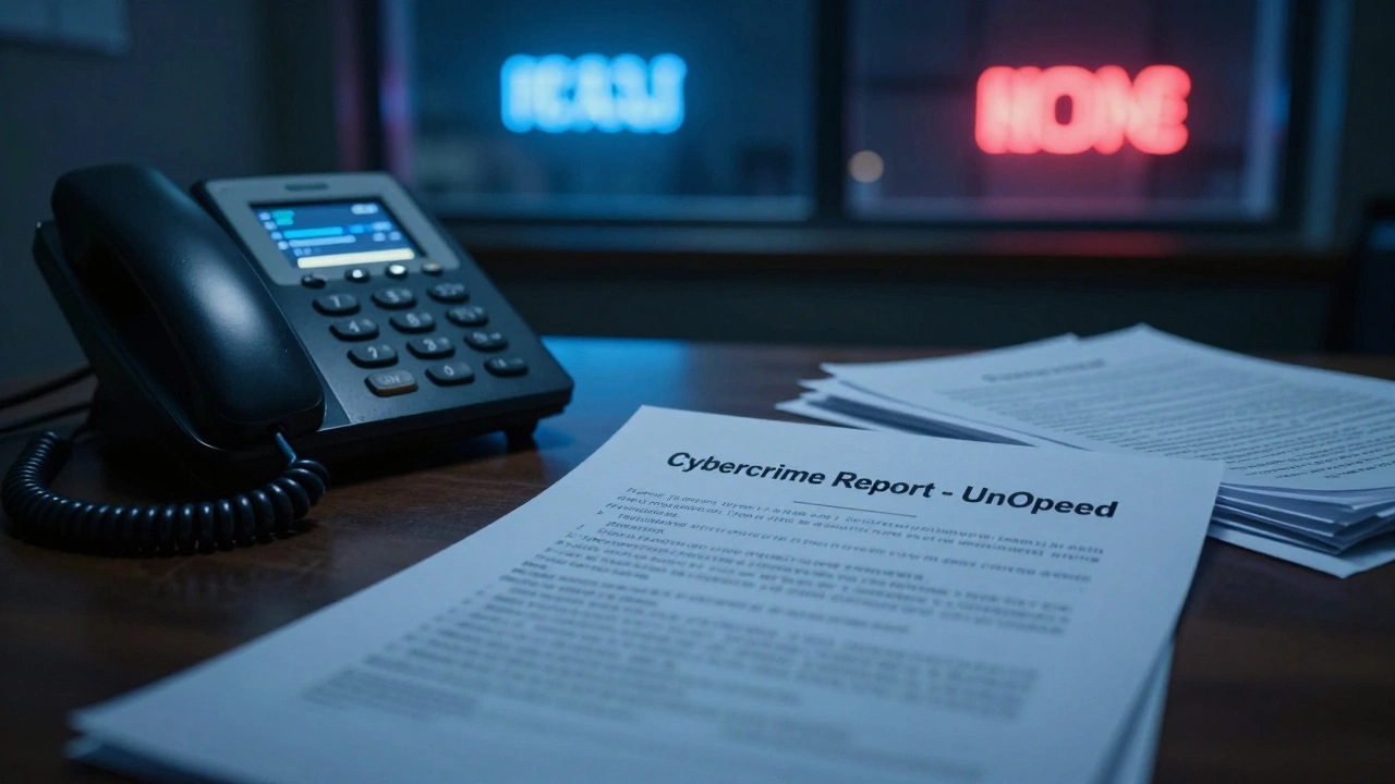 An unopened cybercrime report on a cluttered desk, a phone off the hook, neon sign glowing in the distant window.