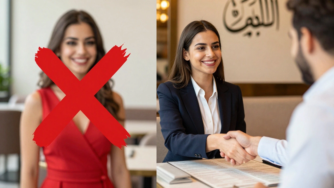 Comparison of fake stock photo versus authentic professional meeting in a Dubai café.